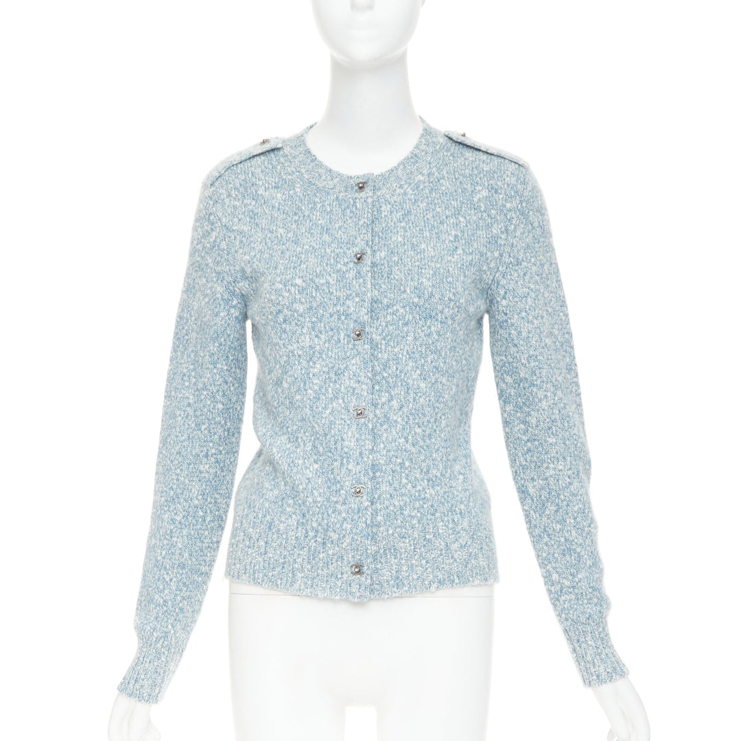 CHANEL blue melange cashmere CC turnlock buttons cardigan sweater FR36 S