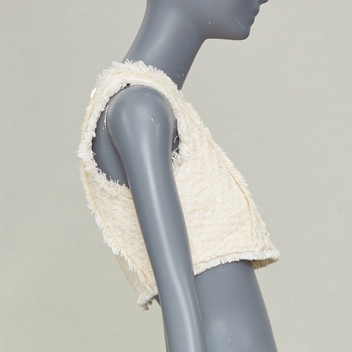 BALMAIN 2023 fringe tweed lion button sleeveless crop cropped gilet vest FR36 S