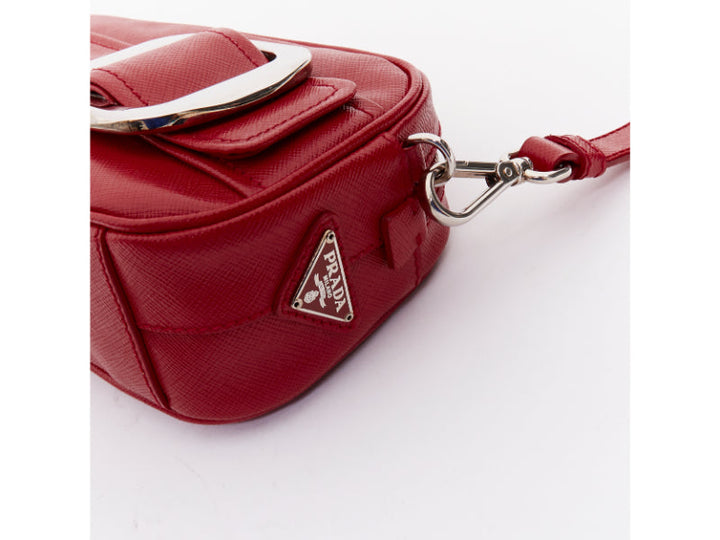 PRADA 2011 Runway Saffiano Buckle Camera red leather silver buckle crossbody bag