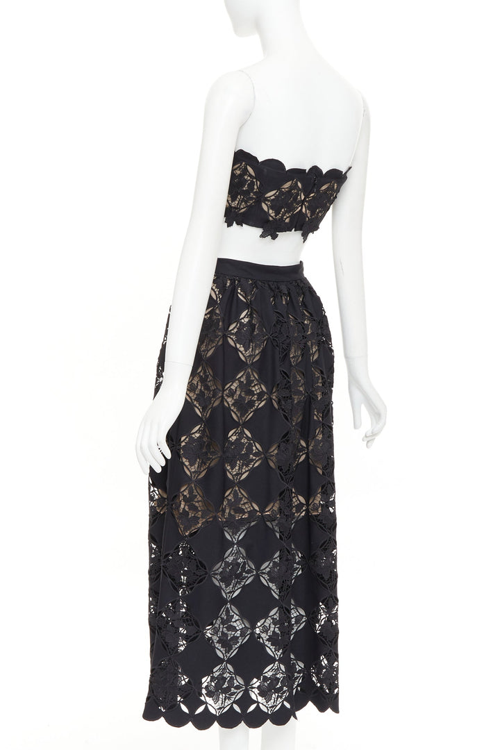 OSCAR DE LA RENTA PS24 black Gardenia Guipure lace top skirt dress set US0 XS