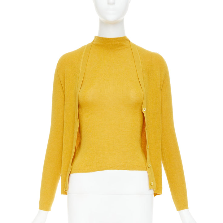 PRADA Vintage  yellow cashmere silk high neck vest cardigan sweater set IT42 M
