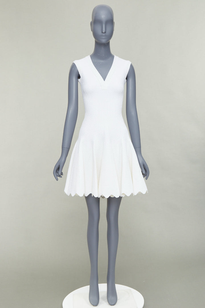 ALAIA cream viscose knit V neck sleeveless scalloped hem fit flare dress FR36 S