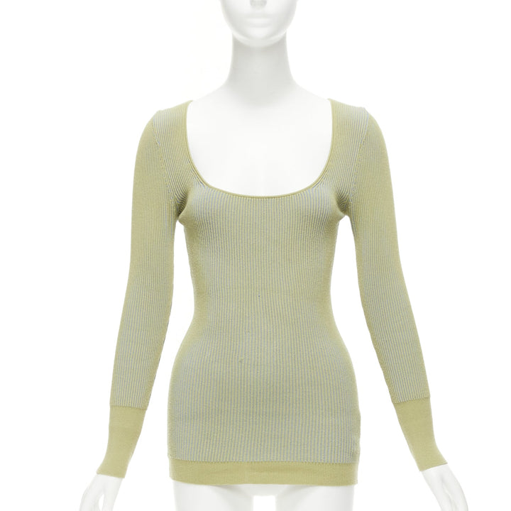 JACQUEMUS Rosa green blue ribbed scoop neck fitted long sleeve top FR40 L