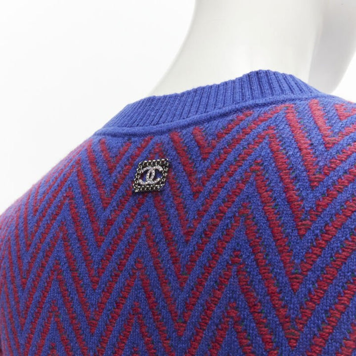 CHANEL 100% cashmere blue red chevron green CC logo crystal brooch dress FR34 XS