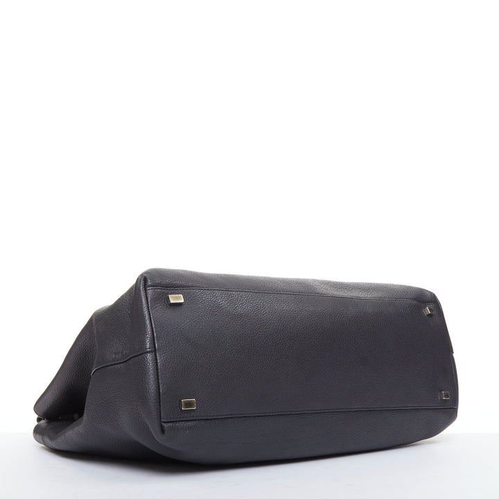 THE ROW Top Handle 14 black pebble leather loop through flap shoulder bag