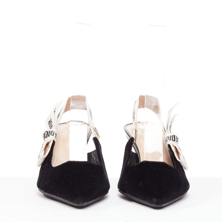 DIOR Jadior black velvet comma heel cream logo slingback pump EU35