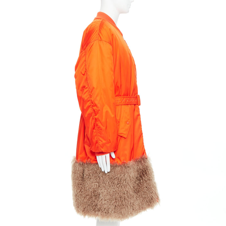 PRADA 2022 Raf Simons Runway orange faux fur hem belted bomber coat M