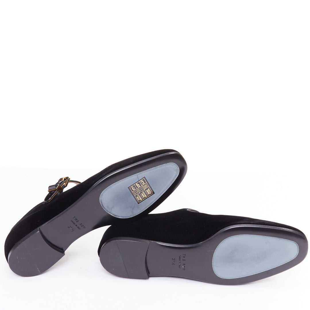 THE ROW Ava Mary Jane black velvet stone obsidian gold hardware flats EU37.5