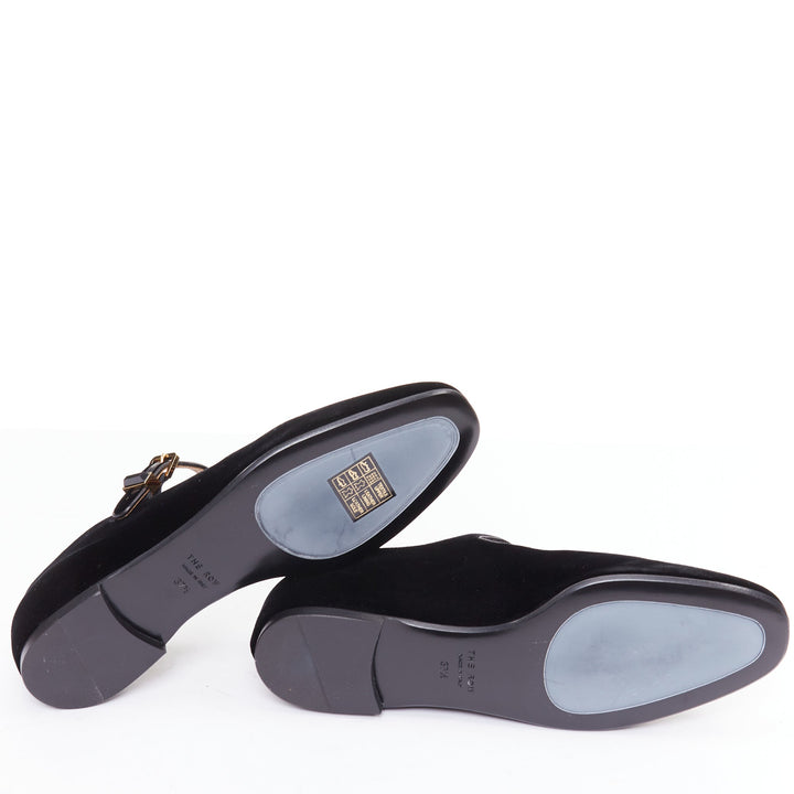 THE ROW Ava Mary Jane black velvet stone obsidian gold hardware flats EU37.5