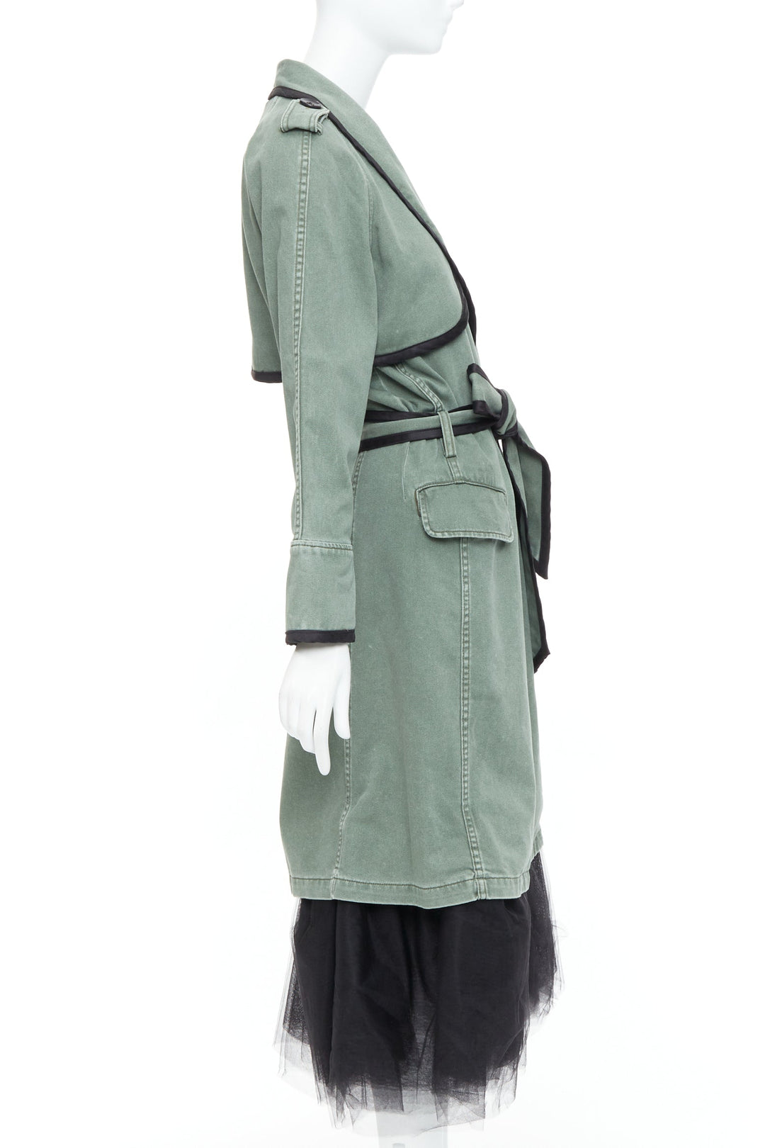 LE SUPERBE green washed cotton black tulle hem tie belt coat US0 XS