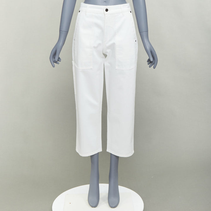 THE ROW white cotton studded patch pockets high waist crop jeans US0 XS