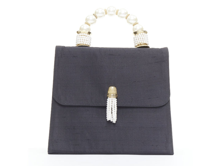 MOSCHINO 1990s Vintage black raw silk pearl gold handle tassel top handle bag