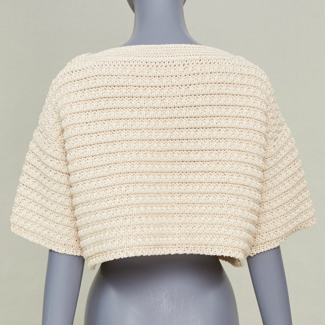 CHANEL 25C Runway garter stitch boat neck oat beige cropped knit top FR36 S
