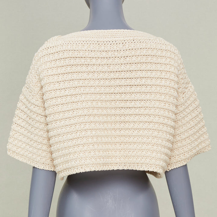 CHANEL 25C Runway garter stitch boat neck oat beige cropped knit top FR36 S