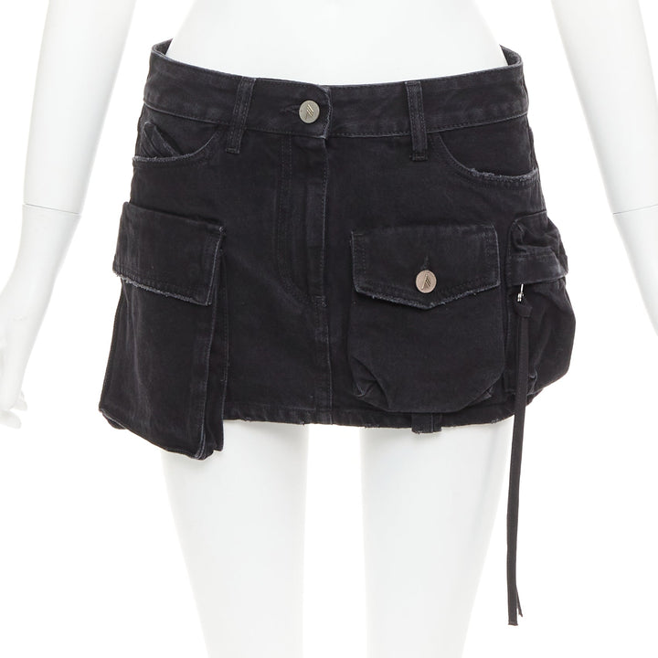 THE ATTICO Fay black cotton multi cargo pocket low rise mini skirt 25"