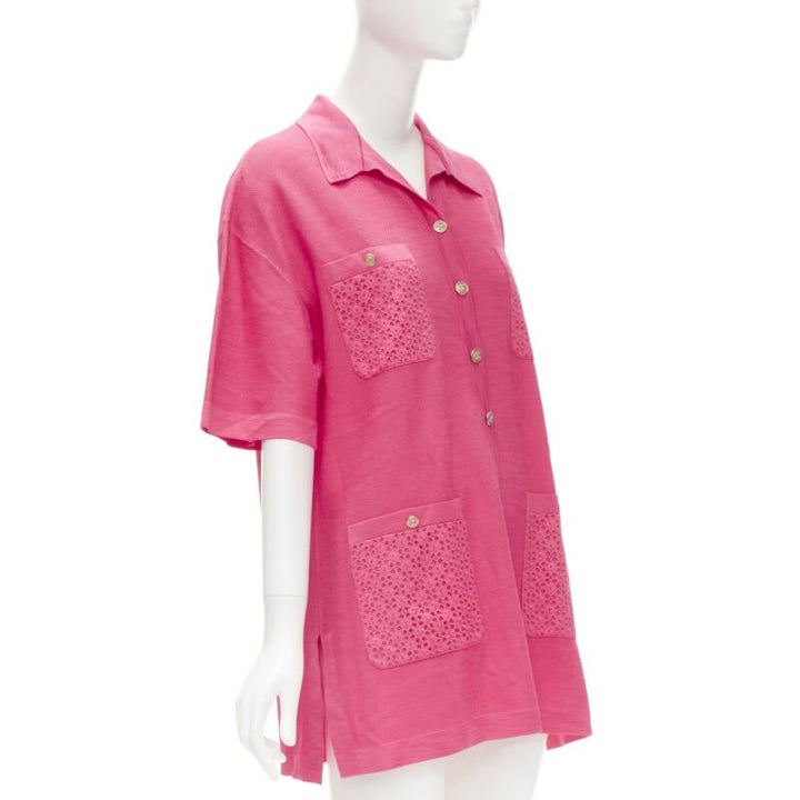 CHANEL pink viscose knit gold CC button embroidery anglais polo dress FR38 M