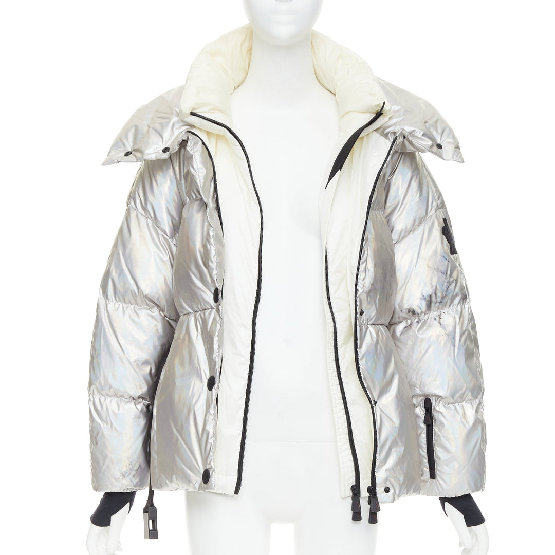 MONCLER Ollignan holographic silver duo collar belted puffer ski  jacket Sz.0 XS