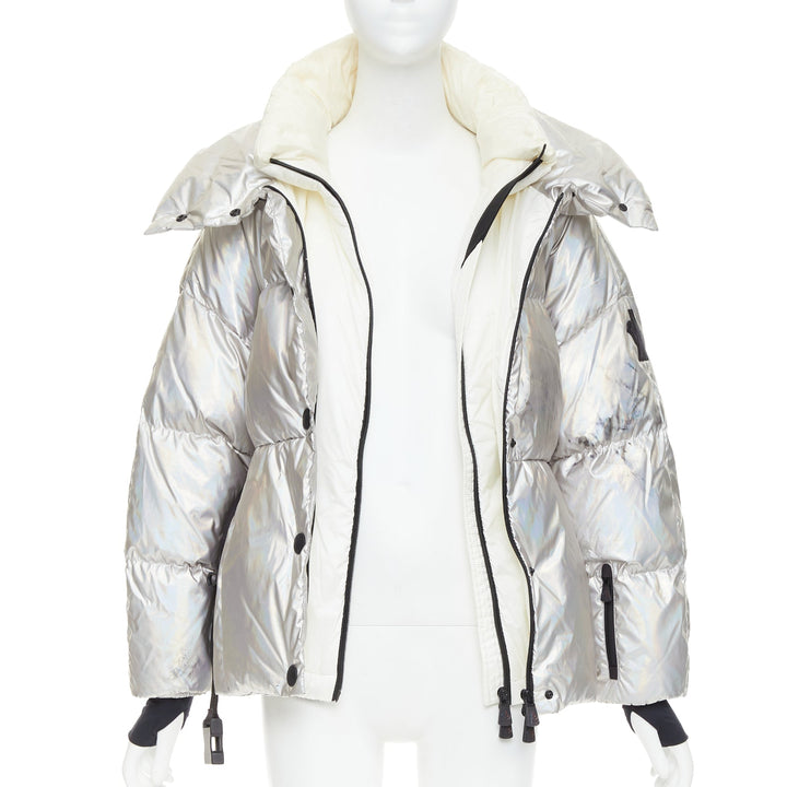 MONCLER Ollignan holographic silver duo collar belted puffer ski  jacket Sz.0 XS