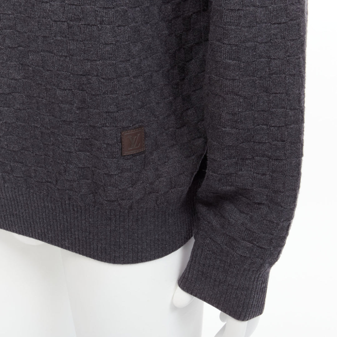 LOUIS VUITTON Damier grey wool cotton checks LV leather patch sweater L