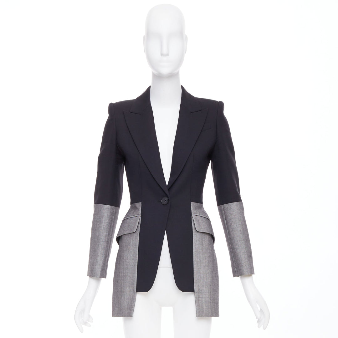 ALEXANDER MCQUEEN 2019 Runway wool silk black grey deconstructed blazer IT36 XXS