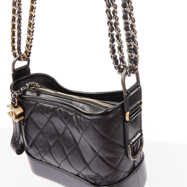 CHANEL Gabrielle Small black aged leather mix metal chain CC crossbody hobo bag