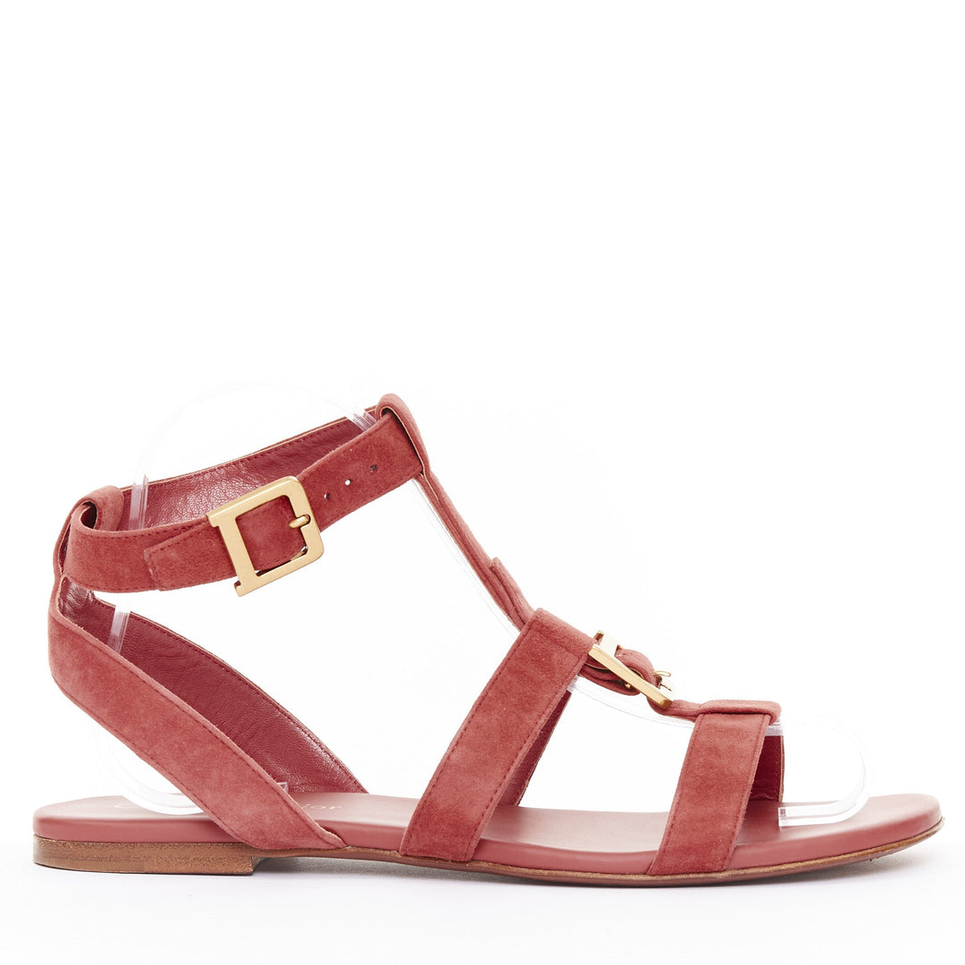 CHRISTIAN DIOR 2018 Double D dusty rose suede cage gladiator flat sandals EU37
