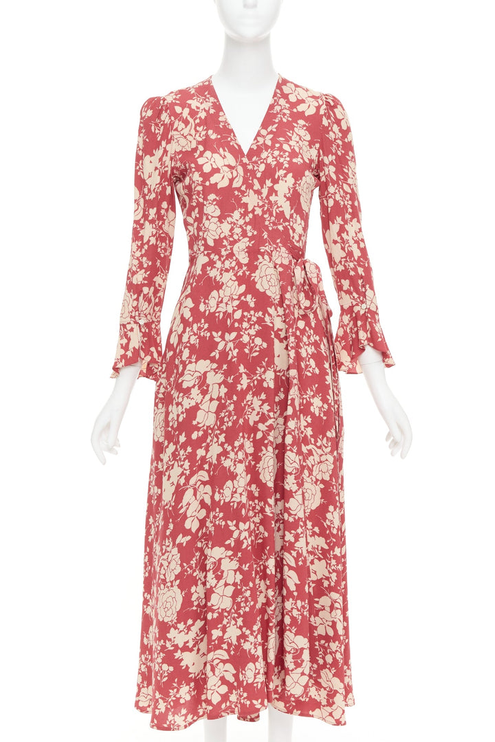 POLO RALPH LAUREN red beige floral print flare sleeve wrap dress US2 S