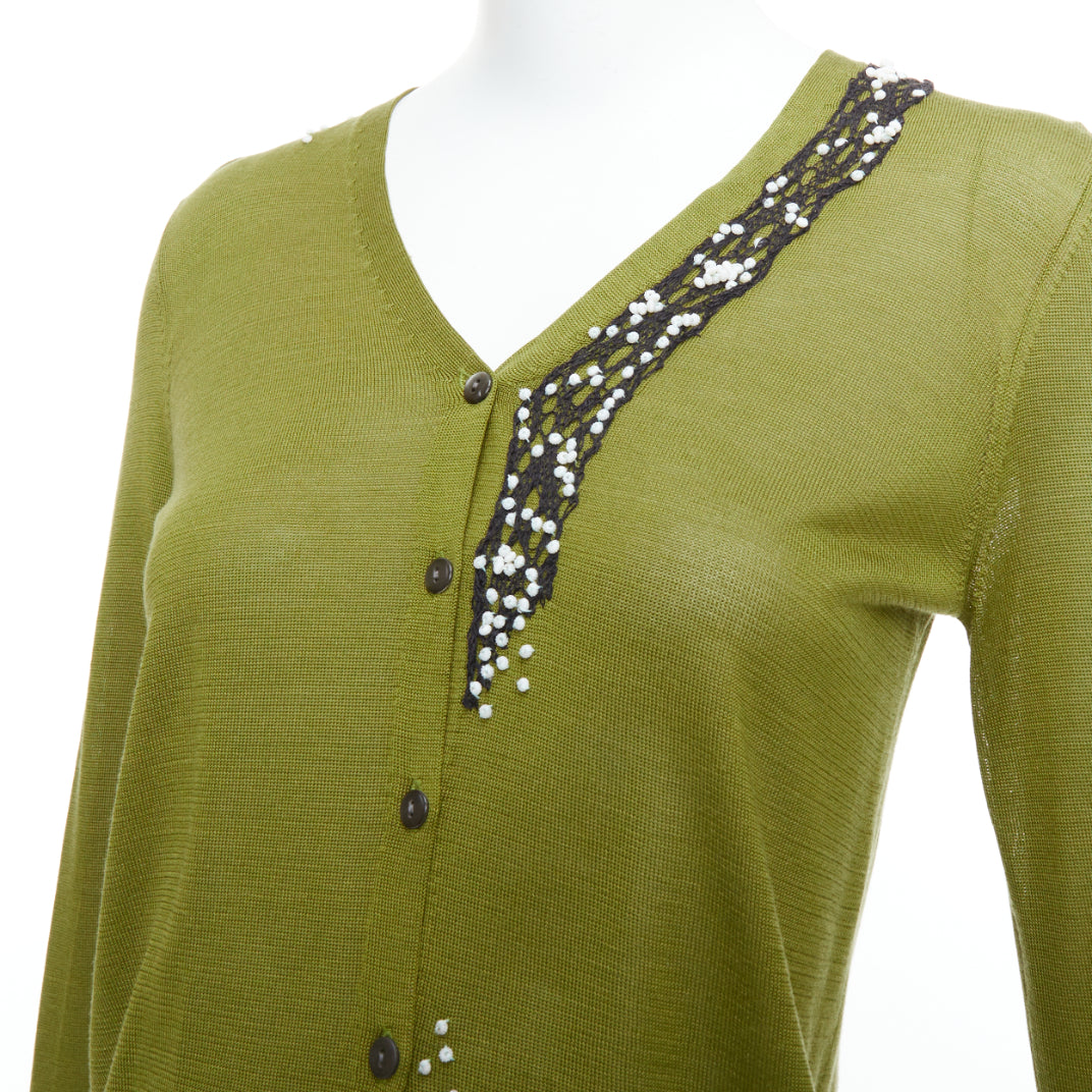 DRIES VAN NOTEN green silk linen bead applique cardigan sweater S