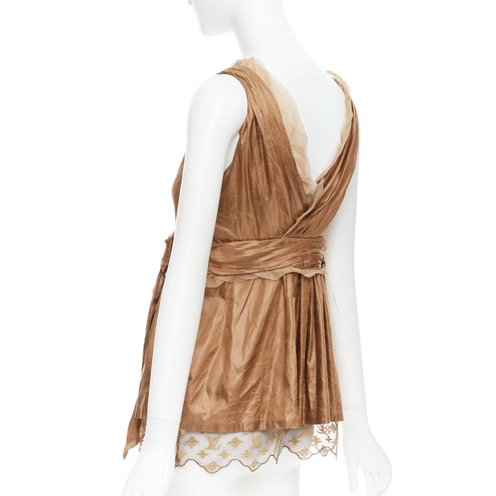 LOUIS VUITTON Marc Jacobs bronze monogram silk lace rosette wrap top FR38 M