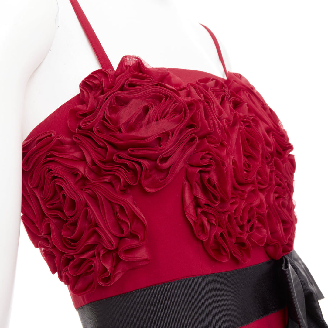 VALENTINO red Rosette ruffle boned bust black bow belt midi gown IT40 S