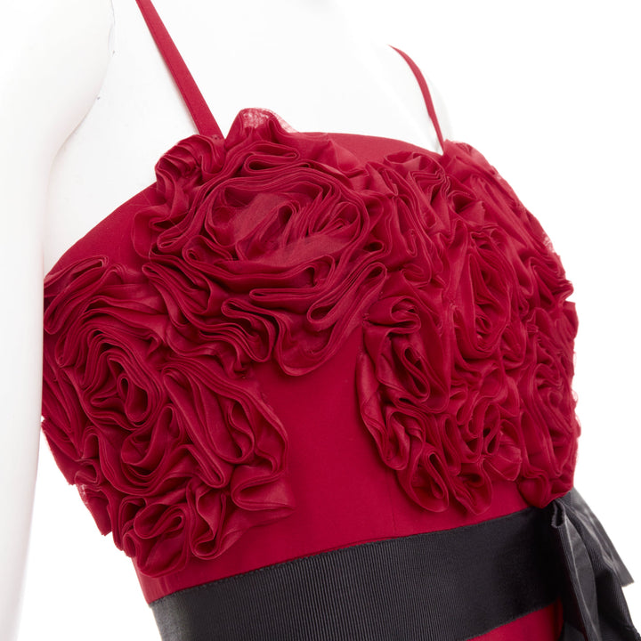 VALENTINO red Rosette ruffle boned bust black bow belt midi gown IT40 S