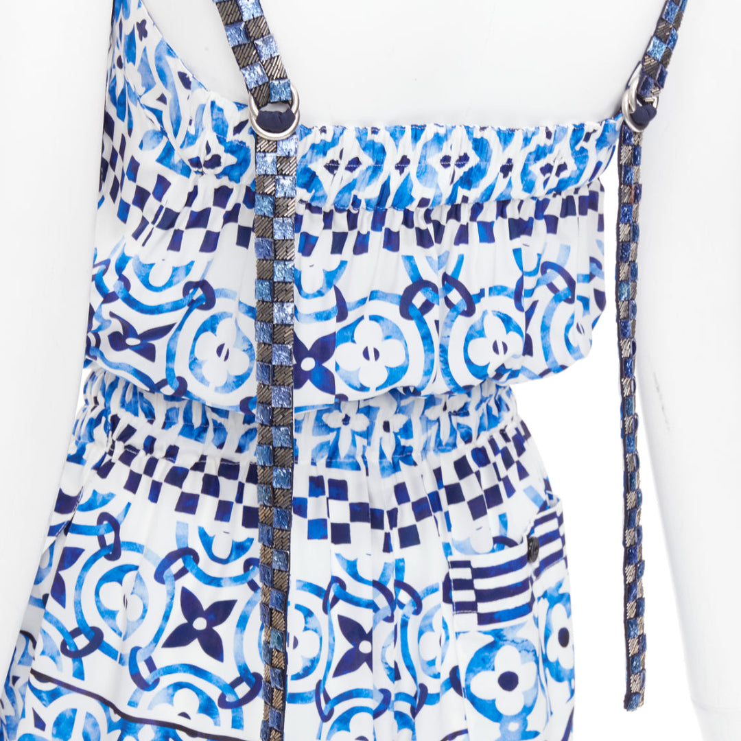 LOUIS VUITTON Monogram Tile silk white blue majolica beaded playsuit FR34 XS