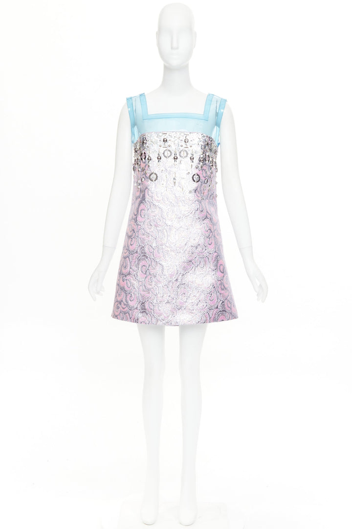 rare MIU MIU 2014 Runway blue PVC metallic purple wool A-line dress IT40 S