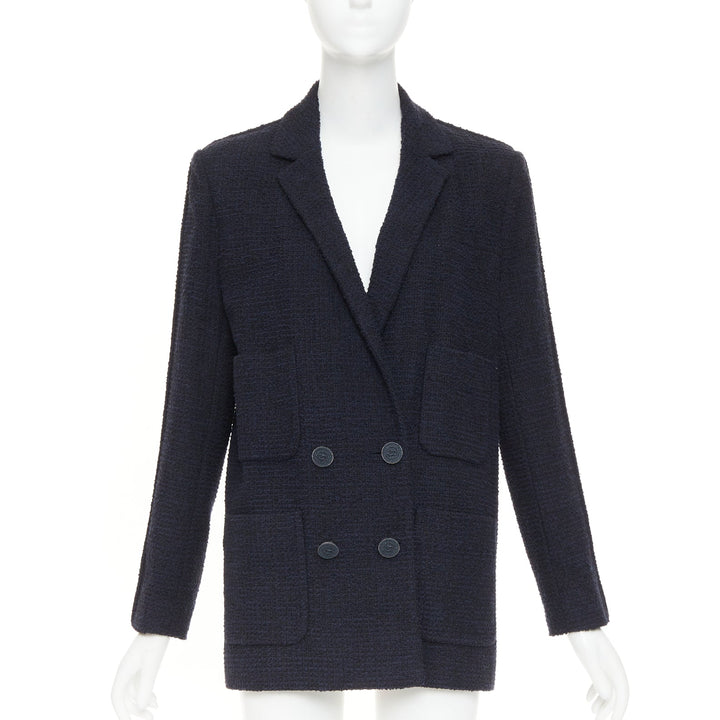 CHANEL navy cotton tweed boucle four pocket double breasted jacket FR40 M
