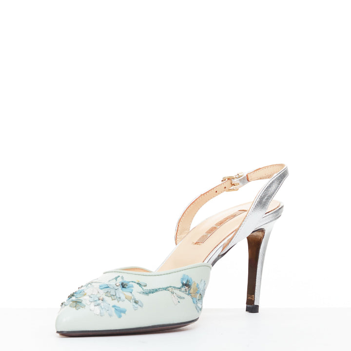 SHIATZY CHEN mint green leather embroidered floral sling pumps EU36