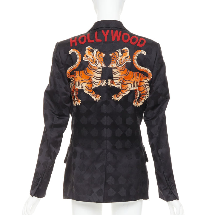 GUCCI black silk jacquard Tiger Hollywood applique tuxedo blazer IT44 XS