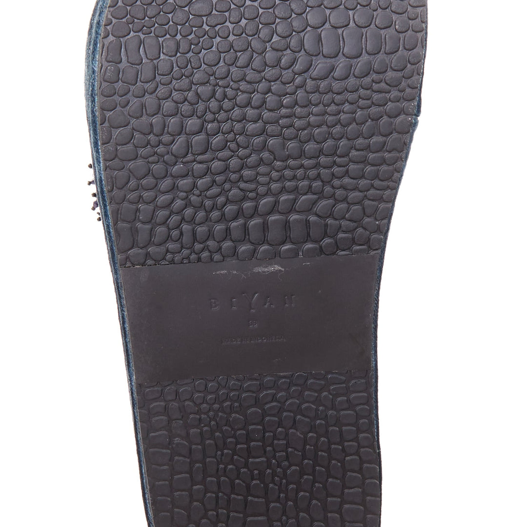 BIYAN blue velvet black beads sequin embellished platform wedges shoes EU39