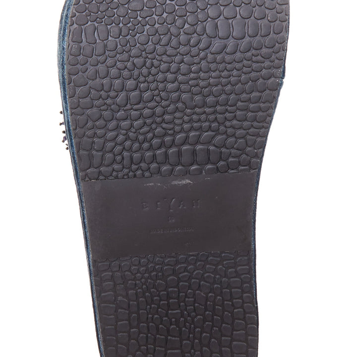 BIYAN blue velvet black beads sequin embellished platform wedges shoes EU39