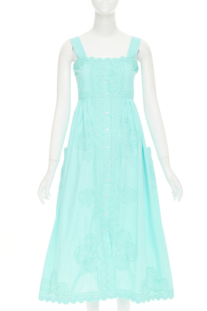 JULIET DUNN squiggle applique neon aqua cotton square neck sundress US1 XS