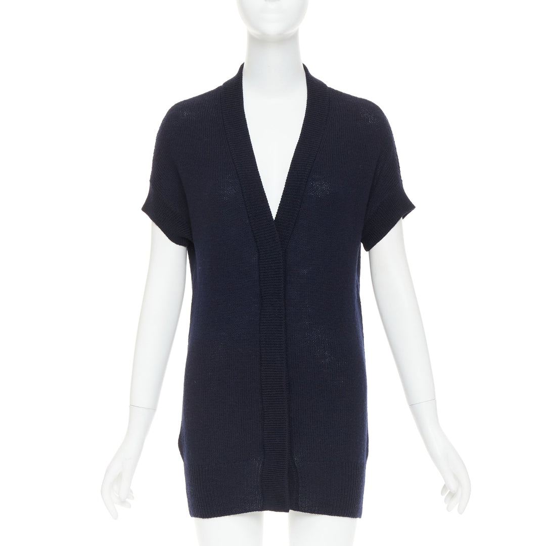 PRADA 100% virgin wool navy blue short sleeve snap button V-neck cardigan IT40 S