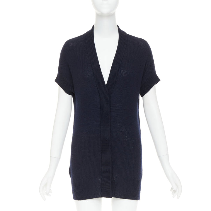 PRADA 100% virgin wool navy blue short sleeve snap button V-neck cardigan IT40 S