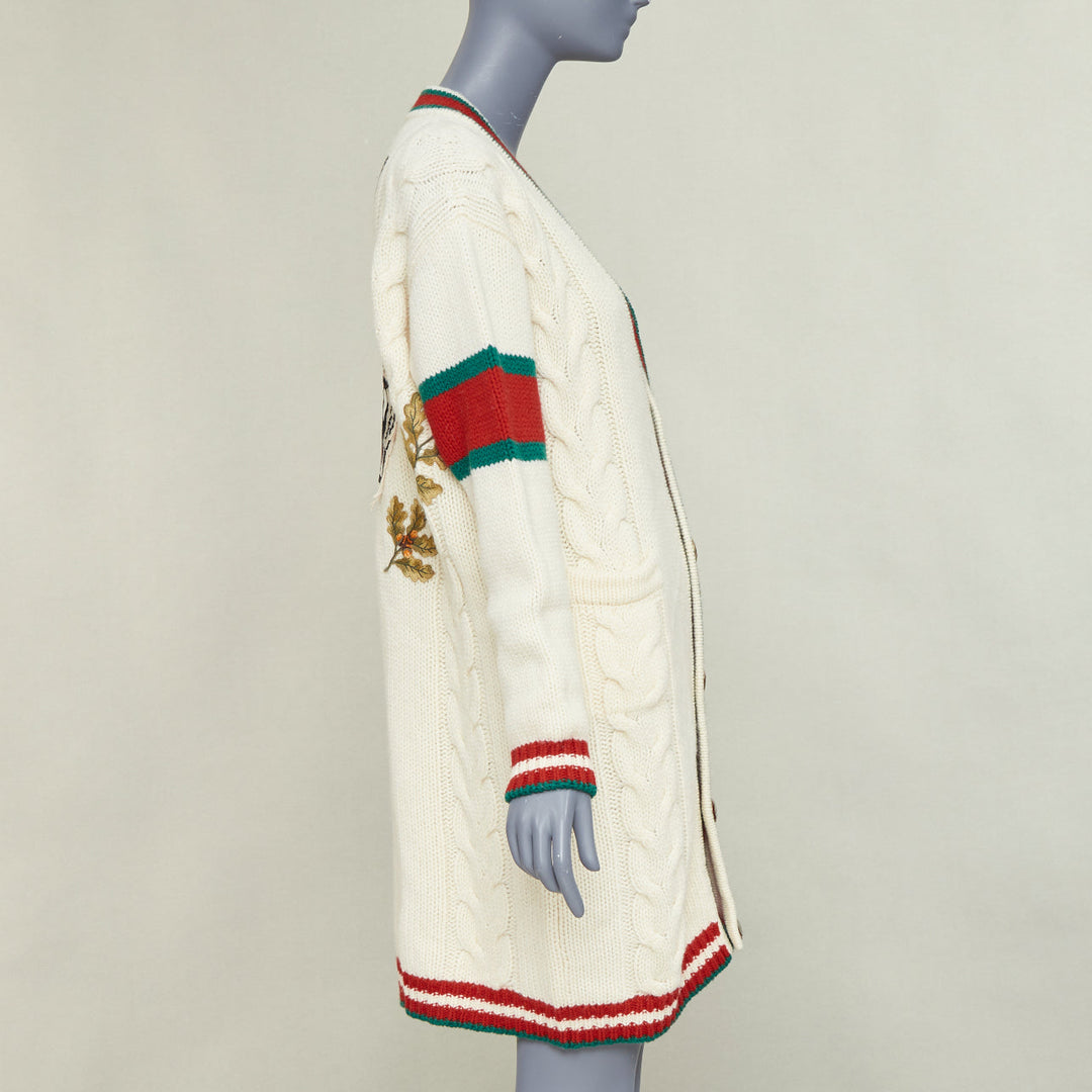 GUCCI 2018 cream wool A badge varsity long cardigan XXS Jennifer Lopez