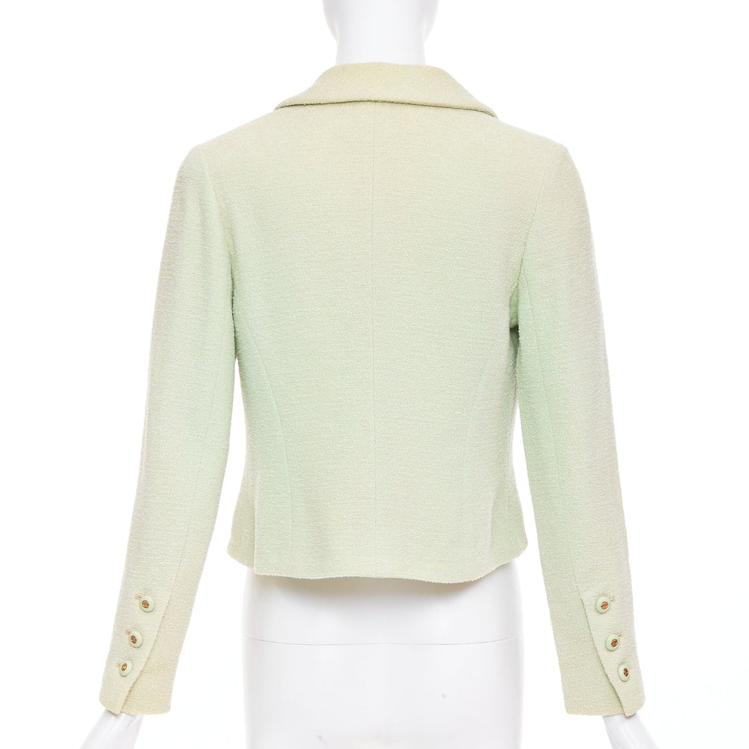CHANEL 94P Vintage mint green boucle wool chain buttons cropped jacket FR42 XL