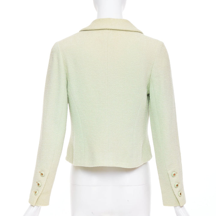 CHANEL 94P Vintage mint green boucle wool chain buttons cropped jacket FR42 XL
