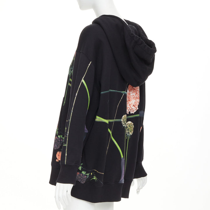 VALENTINO black cotton oversized macro rose floral print pouch hoodie M