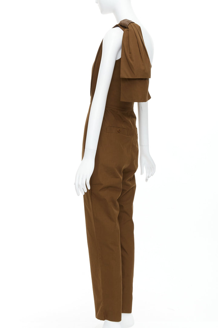 MAX MARA Avola brown cotton poplin one shoulder leather trim jumpsuit IT36 XXS