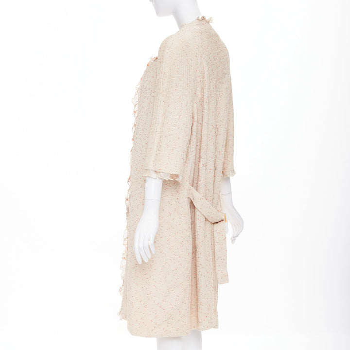 ST JOHN COUTURE cream pink flecked boucle knit ruffle trim duster coat US14 3XL
