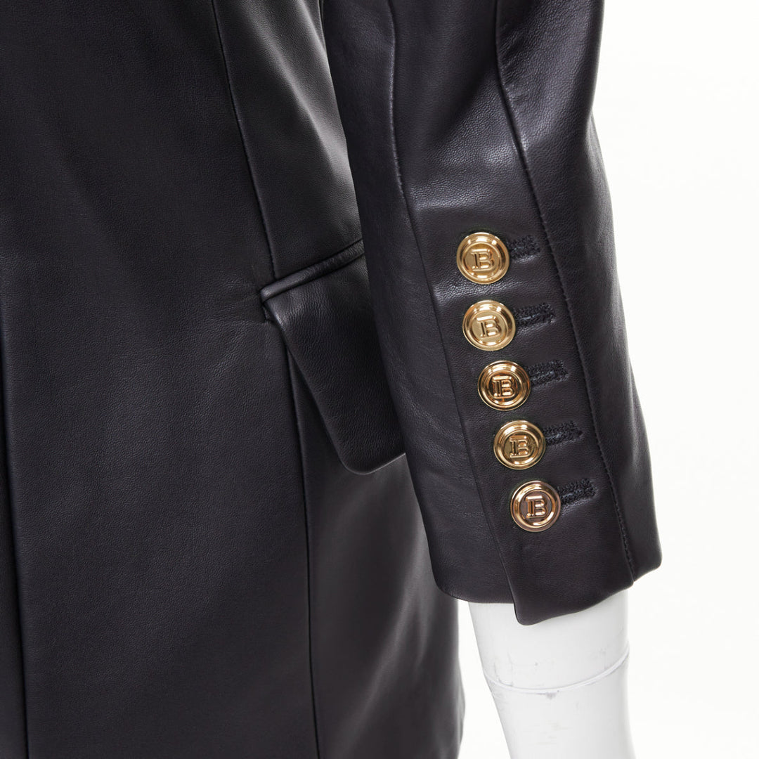 BALMAIN black lambskin leather gold buttons Pagoda shoulders jacket FR34 XS