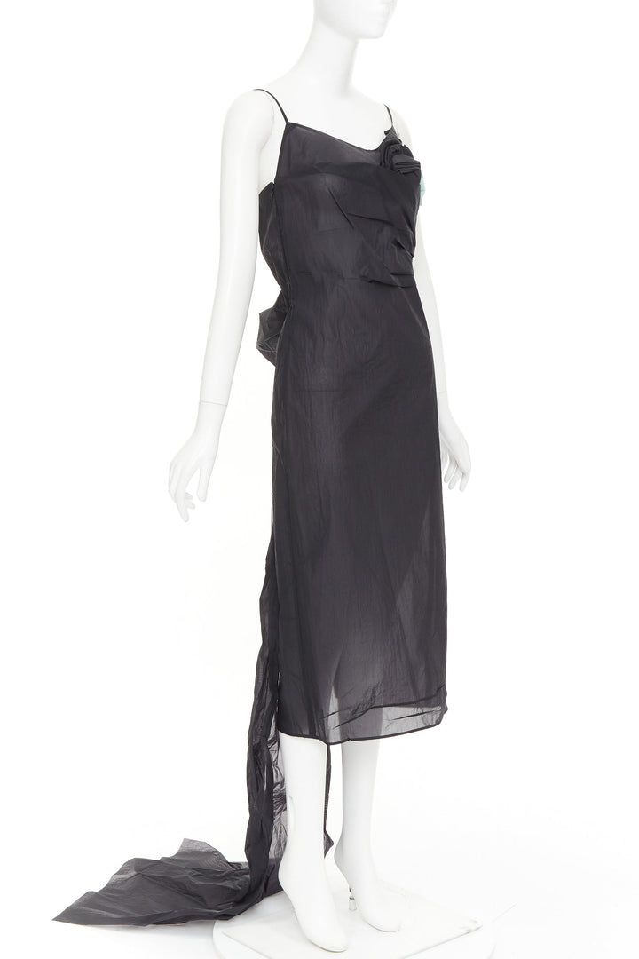 PRADA 2023 Runway black crinkled Re-Nylon crepe rosette draped slip gown IT38 XS