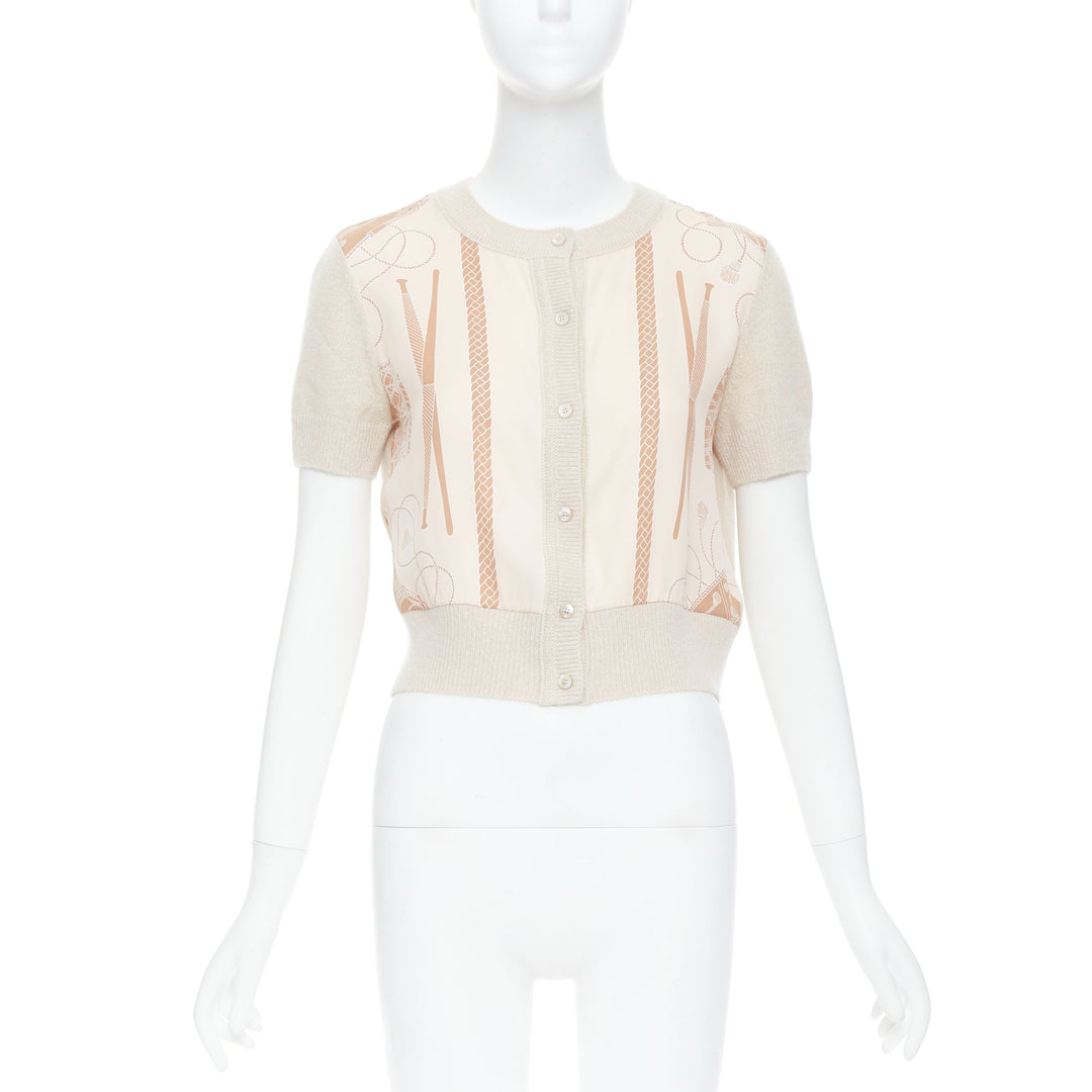 HERMES beige nude cashmere blend graphic silk crop cardigan FR38 M